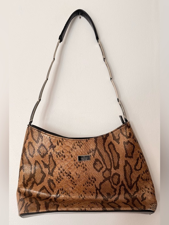 None Handbags - Designer-Inspired Tan and Dark Brown Snake-Print Shoulder Bag